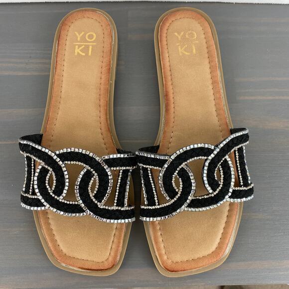 YOKI Isabel Slide Sandal Flats Women Size 8 Black Cutout Crystal Trim Glitzy NEW - Picture 2 of 8